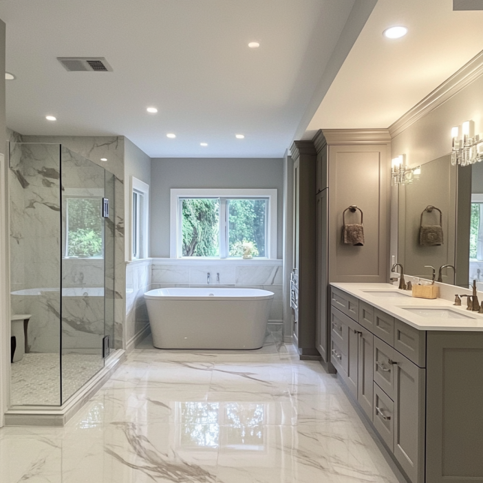 Modern bathroom remodel with walk-in shower in Suffolk County, NY, completed by Island Bath Pros.